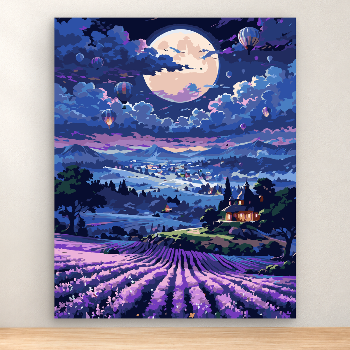 Moonlit mountain valley with hot air balloons, full moon, cottage, lake, and purple fields, 40x50 cm.