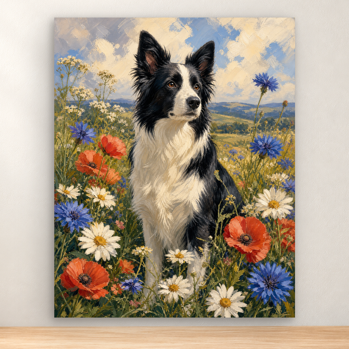 Alert border collie seated beside daisies, cornflowers, poppies, and meadow foliage, 40x50 cm.