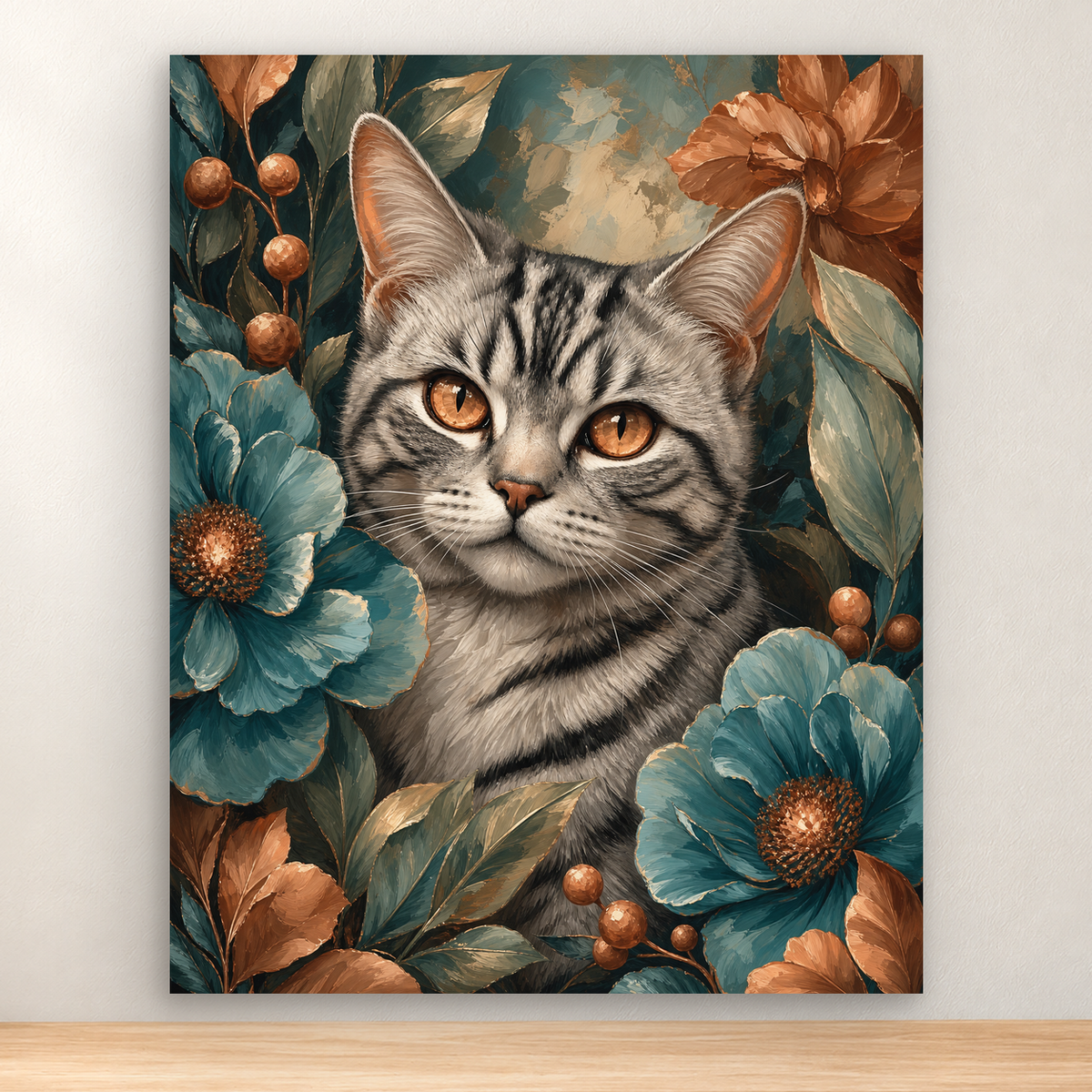 Copper-eyed silver tabby framed by teal flowers and copper petals, 40x50 cm