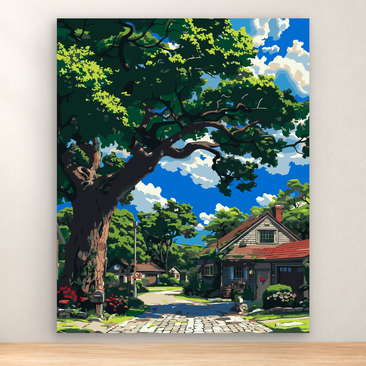 Rustic cottage beneath a spreading tree along a country lane, 40x50 cm
