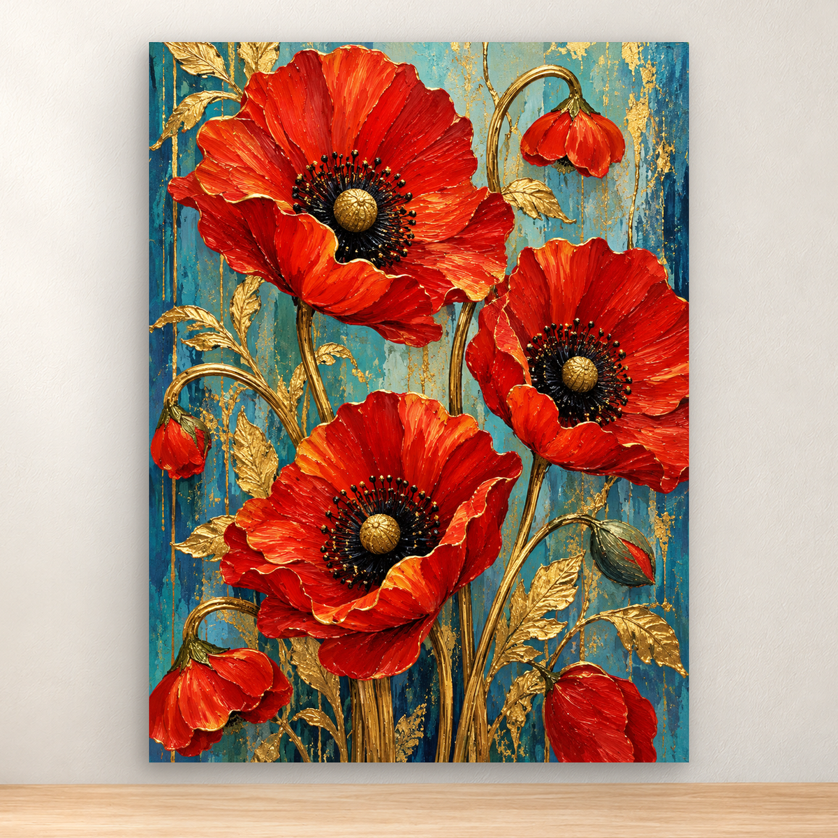 Red poppies with curling stems, buds, gold leaves, and dark centers on turquoise blue, 30x40 cm.