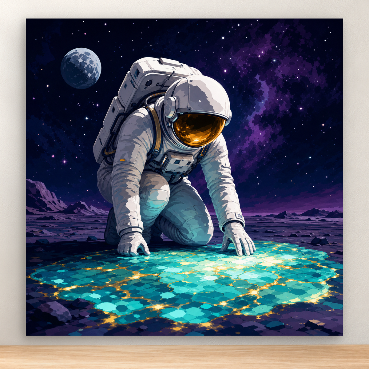 Kneeling astronaut beside a glowing mineral field on an alien landscape, 20x20 cm