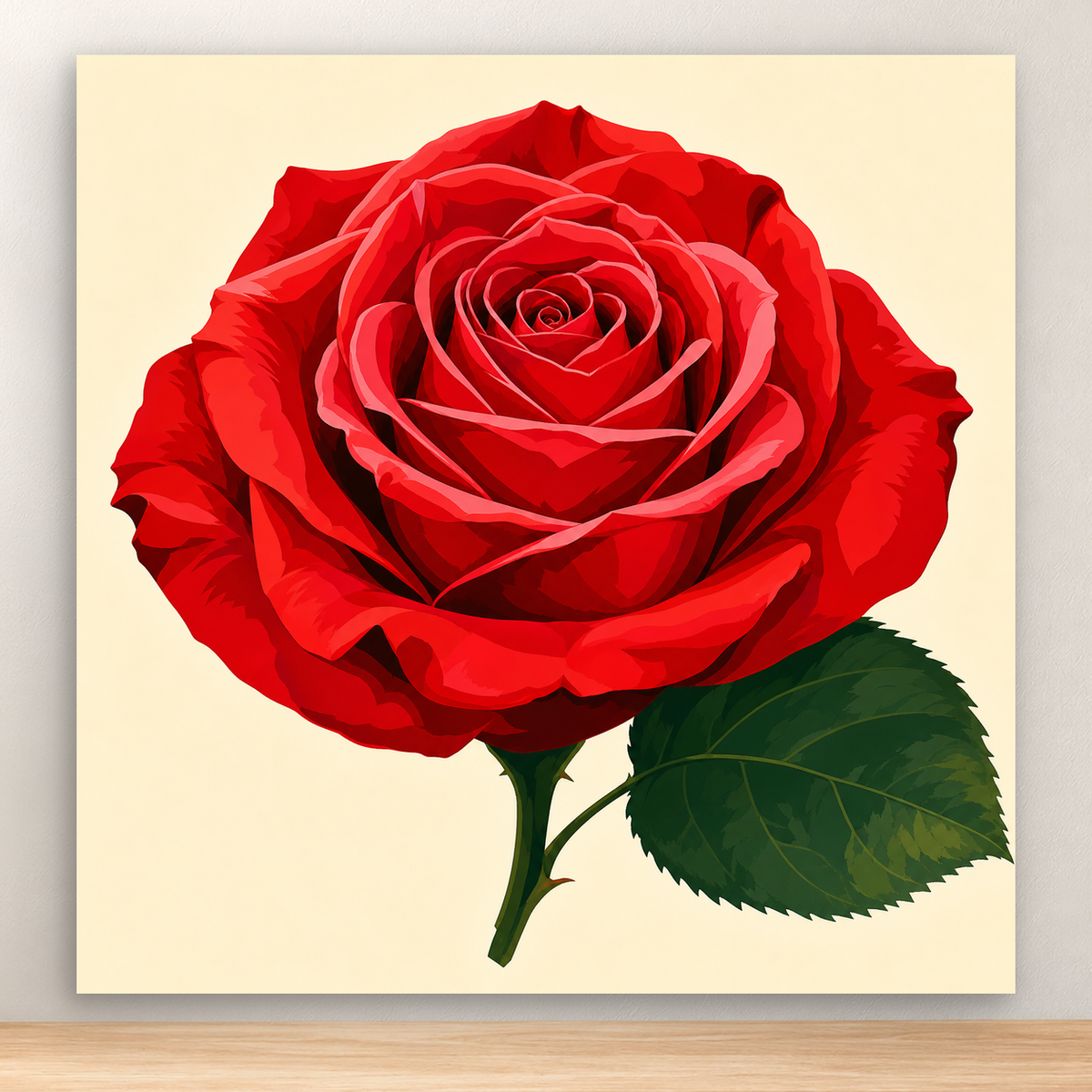 Single red rose in full bloom with a deep green leaf on cream, 20x20 cm