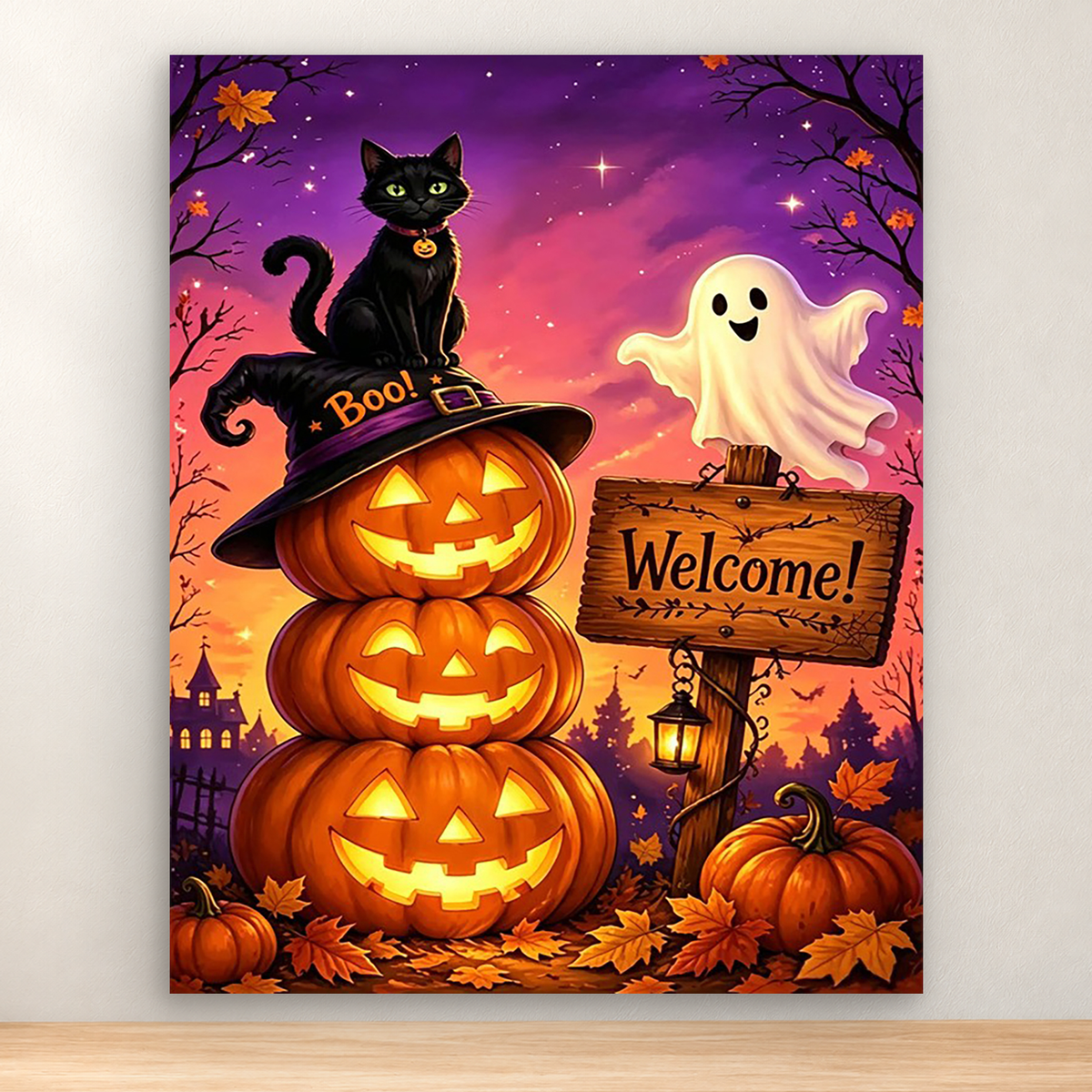 Black cat on glowing jack-o'-lanterns beside a ghost and Welcome sign, 40x50 cm