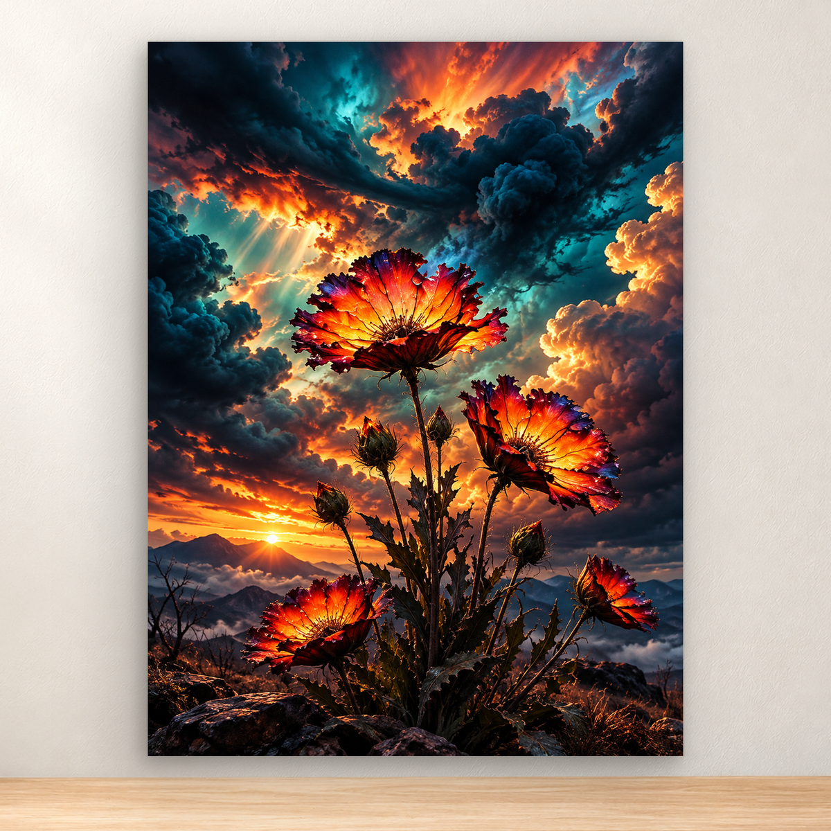 Glowing red-orange wildflowers before layered mountains and storm clouds, 30x40 cm