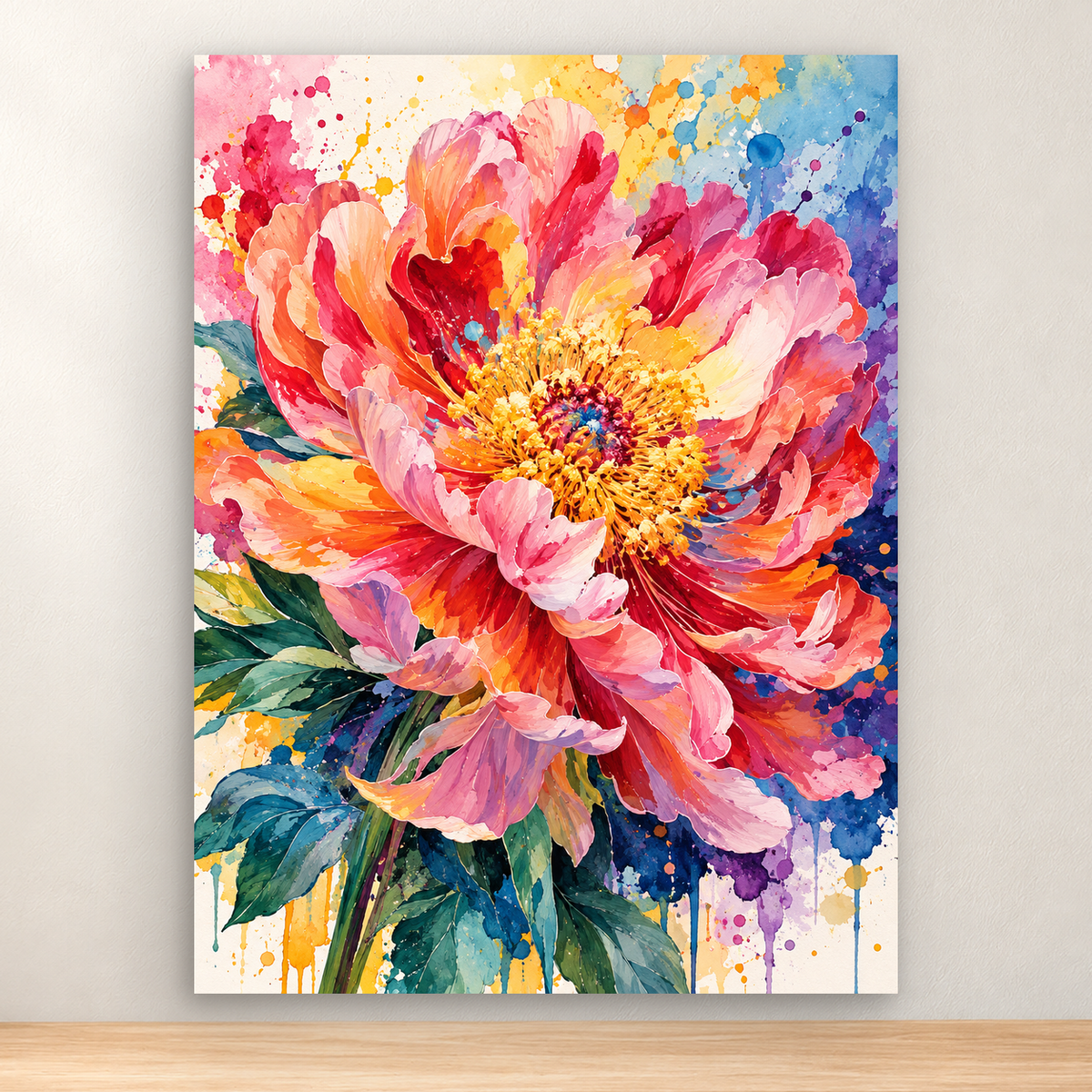 Abstract watercolor peony with colorful petals and paint splashes, 30x40 cm