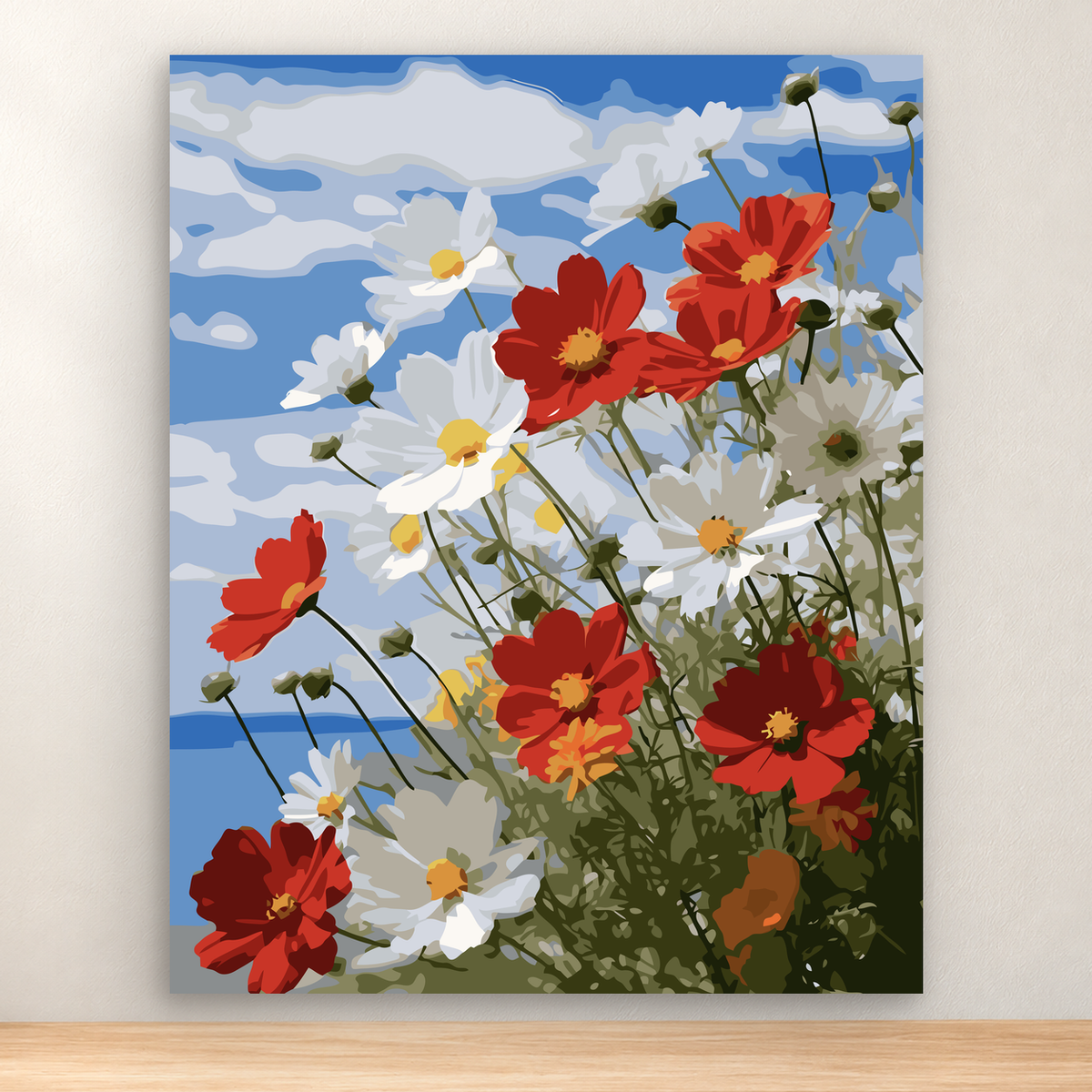 Red poppies and white daisies in a lush blue-background bouquet, 40x50 cm