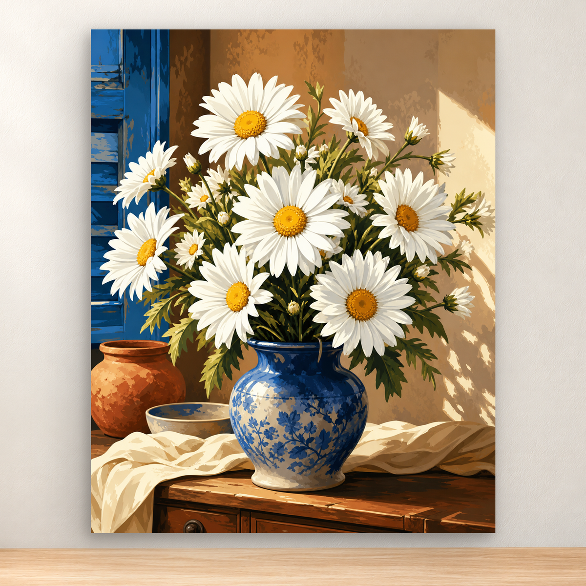 White daisies in a vintage blue ceramic vase, warm still life, 40x50 cm