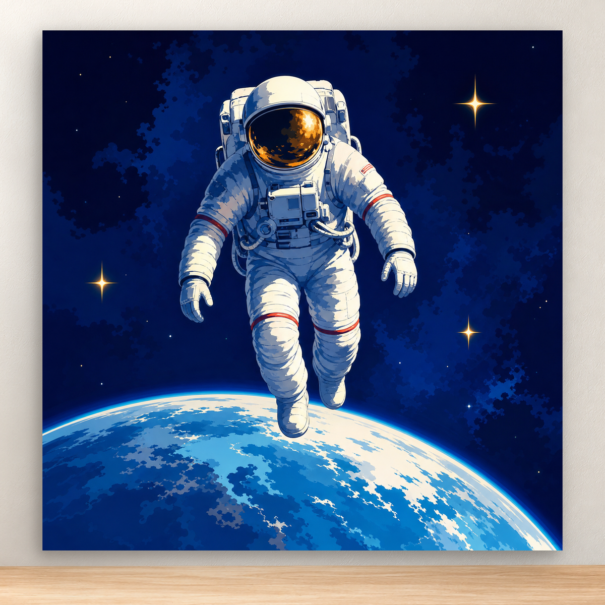 Astronaut floating above a crescent Earth in deep space, 20x20 cm