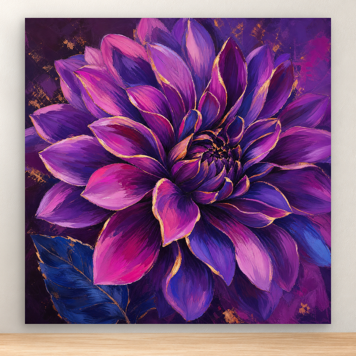 Front-facing violet and magenta dahlia with graphic petals on aubergine, 20x20 cm