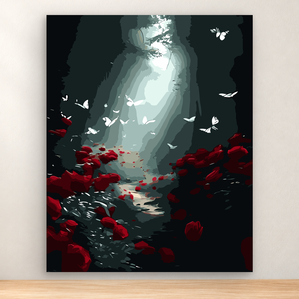 Pale white deer pausing in an enchanted forest with butterflies, crimson flowers, and light, 40x50 cm
