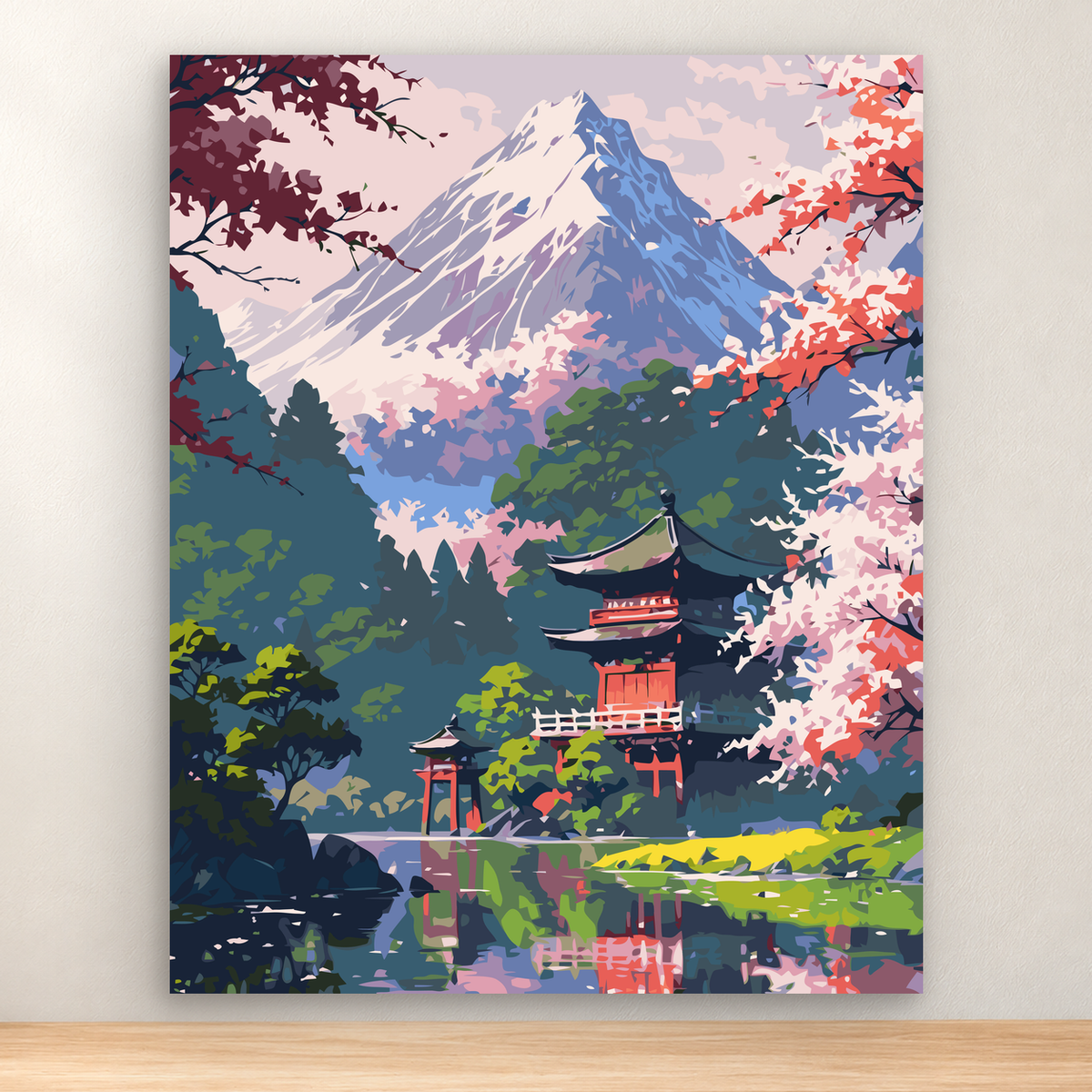 Snow-capped mountain, Japanese shrine, torii gate, and lake reflections with flowering branches, 40x50 cm