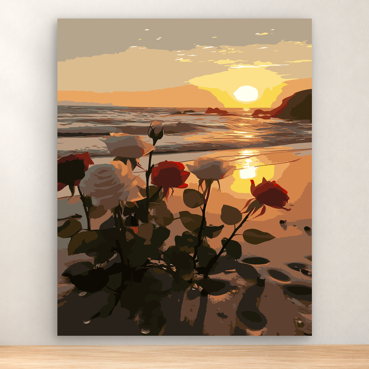 Golden coastal sunset over rocky water with red foreground flowers, 40x50 cm