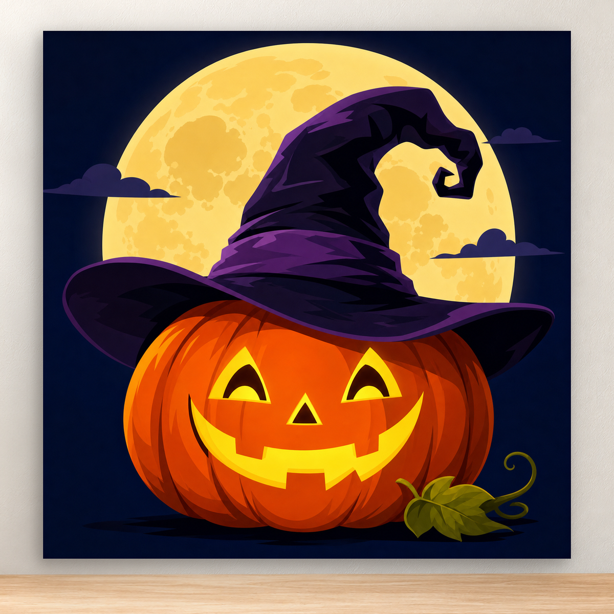 Witch-hat jack-o'-lantern glowing against a dark moonlit backdrop, 20x20 cm
