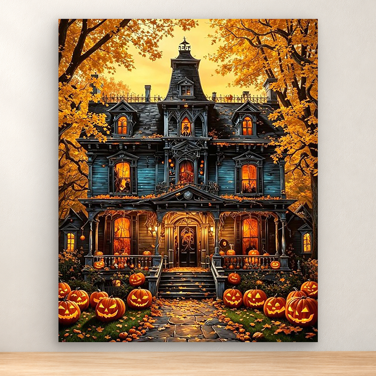 Gothic haunted mansion with glowing windows, pumpkins, and autumn trees, 40x50 cm