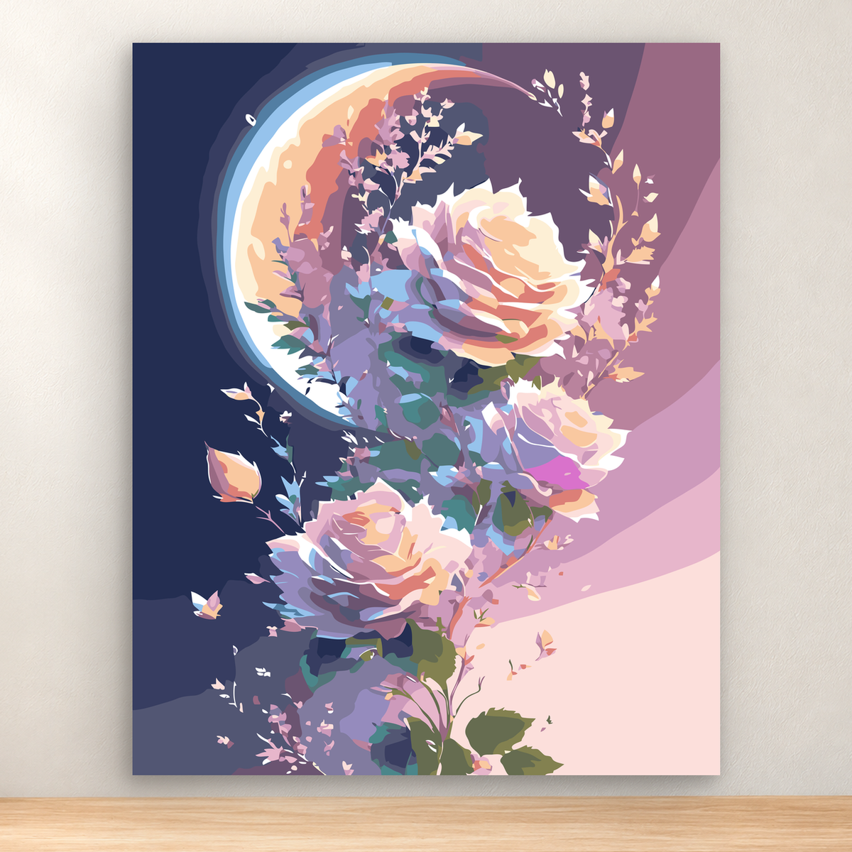 Pastel floral cascade sweeping across a luminous moon-like disc, 40x50 cm