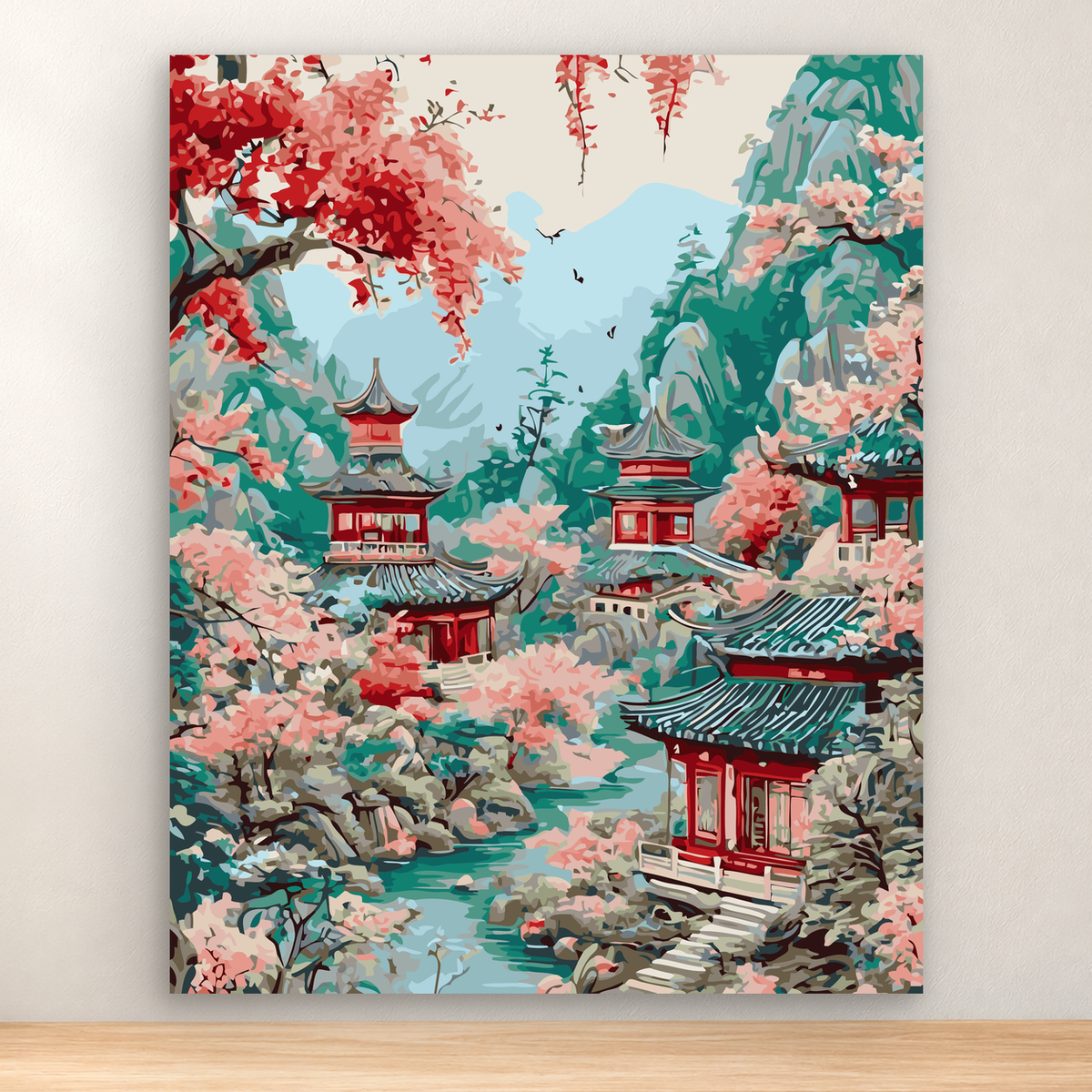 Japanese village with cherry blossoms, red roofs, mountains, and stream, 40x50 cm