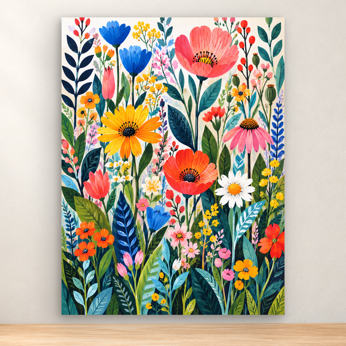 Dense colorful wildflower garden with poppies, daisies, sunflowers, and foliage, 30x40 cm