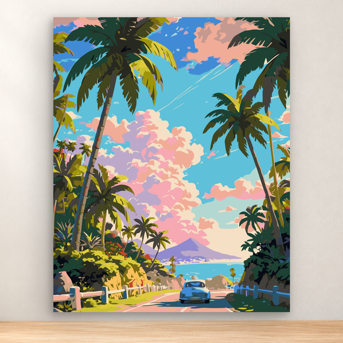 Blue car on a tropical coastal road toward a turquoise sea, framed by palms and jungle, 40x50 cm