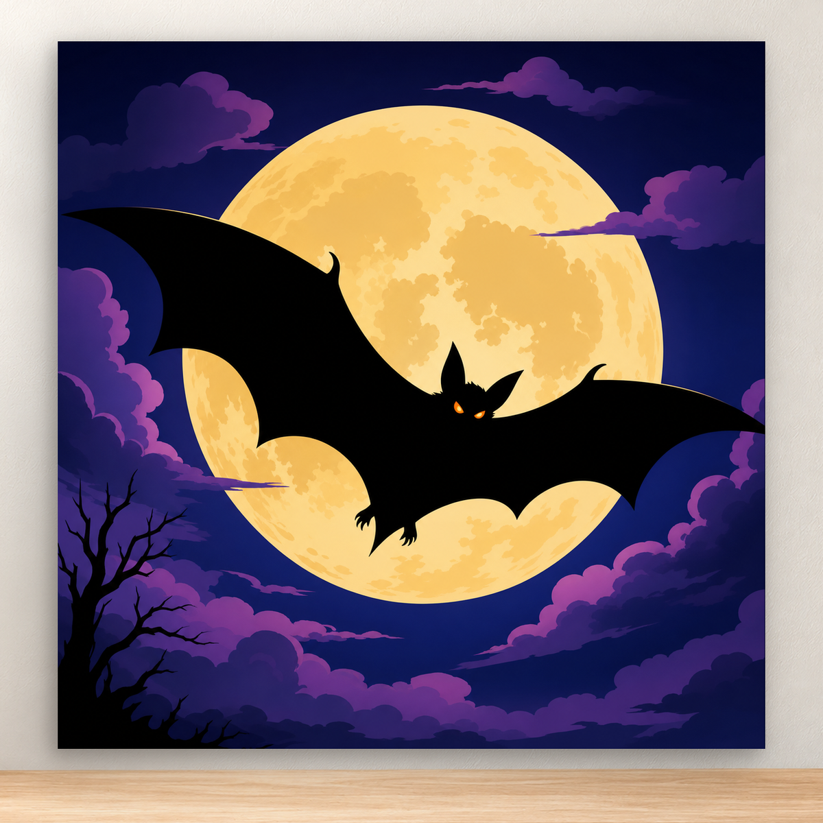 Spread-wing black bat crossing a pale moon in a Halloween night scene, 20x20 cm