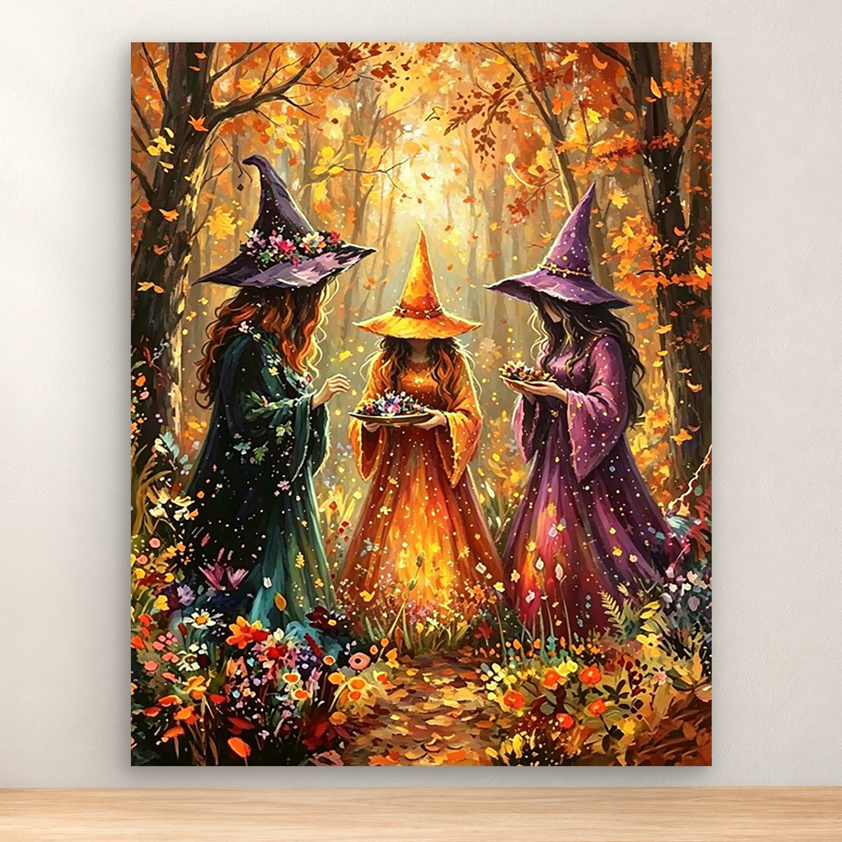 Three flower-bearing witches in an autumn forest clearing, 40x50 cm