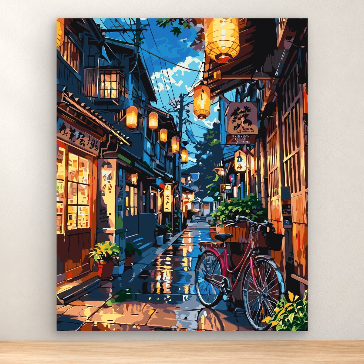 Narrow lantern-lit historic alley with timbered buildings, bicycle, wet paving, and blue distance, 40x50 cm