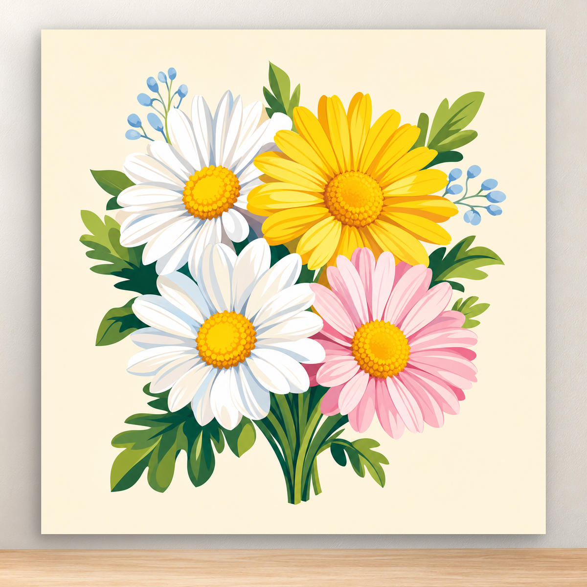 Colorful round bouquet of white, yellow, and pale pink daisies on cream, 20x20 cm
