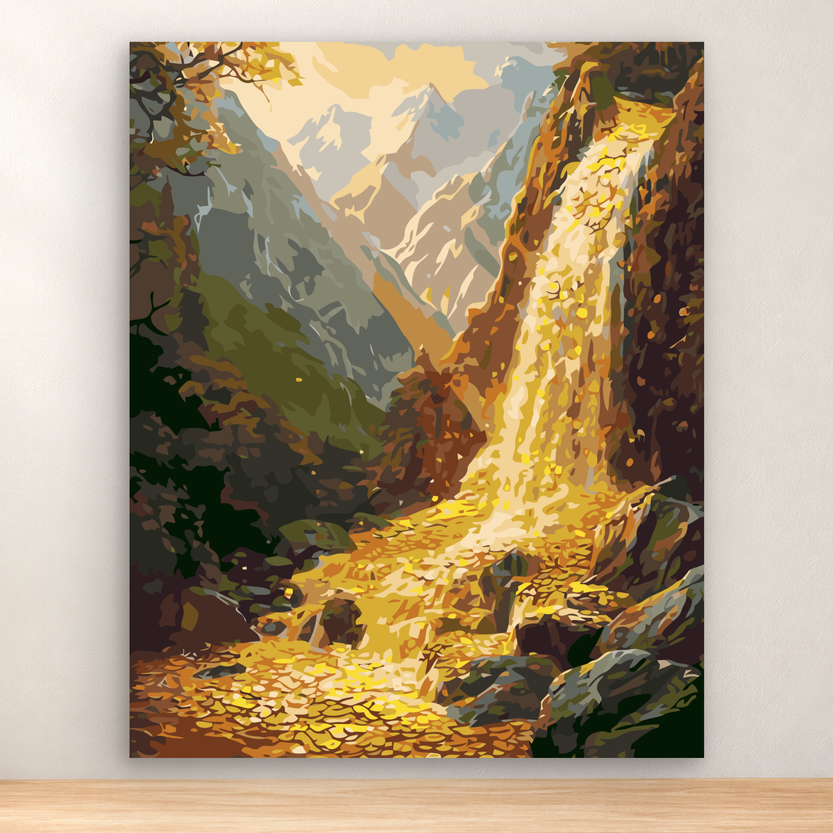 Golden leaf-covered path through an autumn mountain forest, 40x50 cm