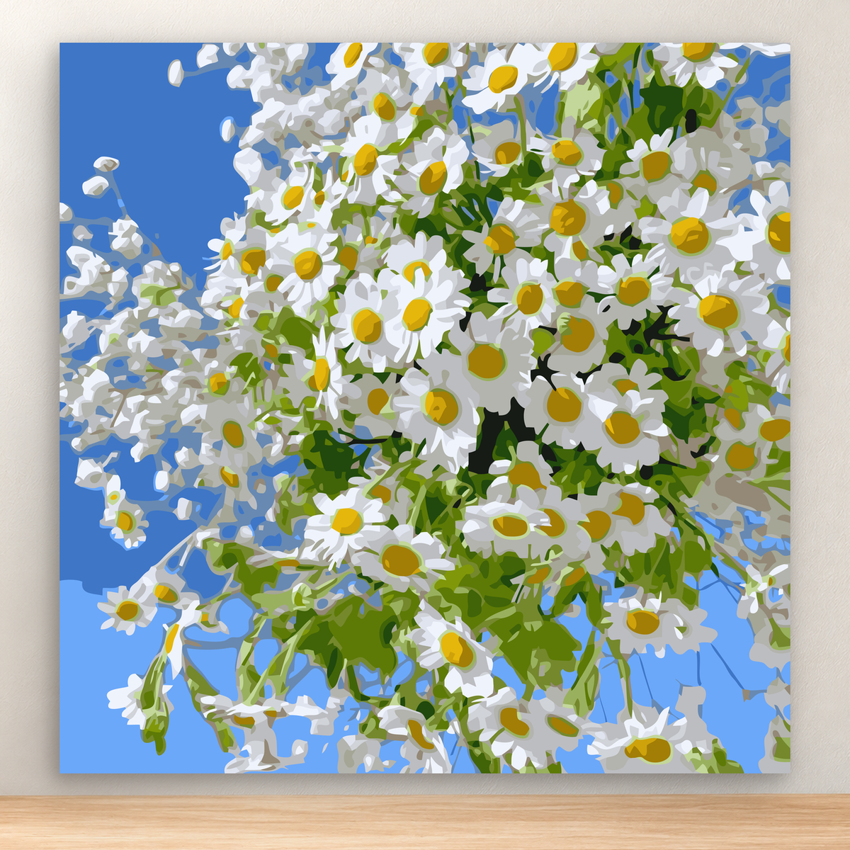 Dense bouquet of white daisies with golden centers and green foliage on blue, 20x20 cm