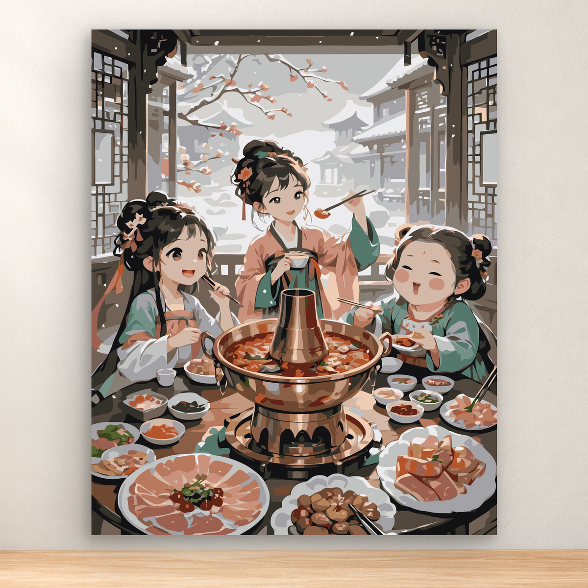 Three friends share a hot pot meal in a snowy street scene, 40x50 cm