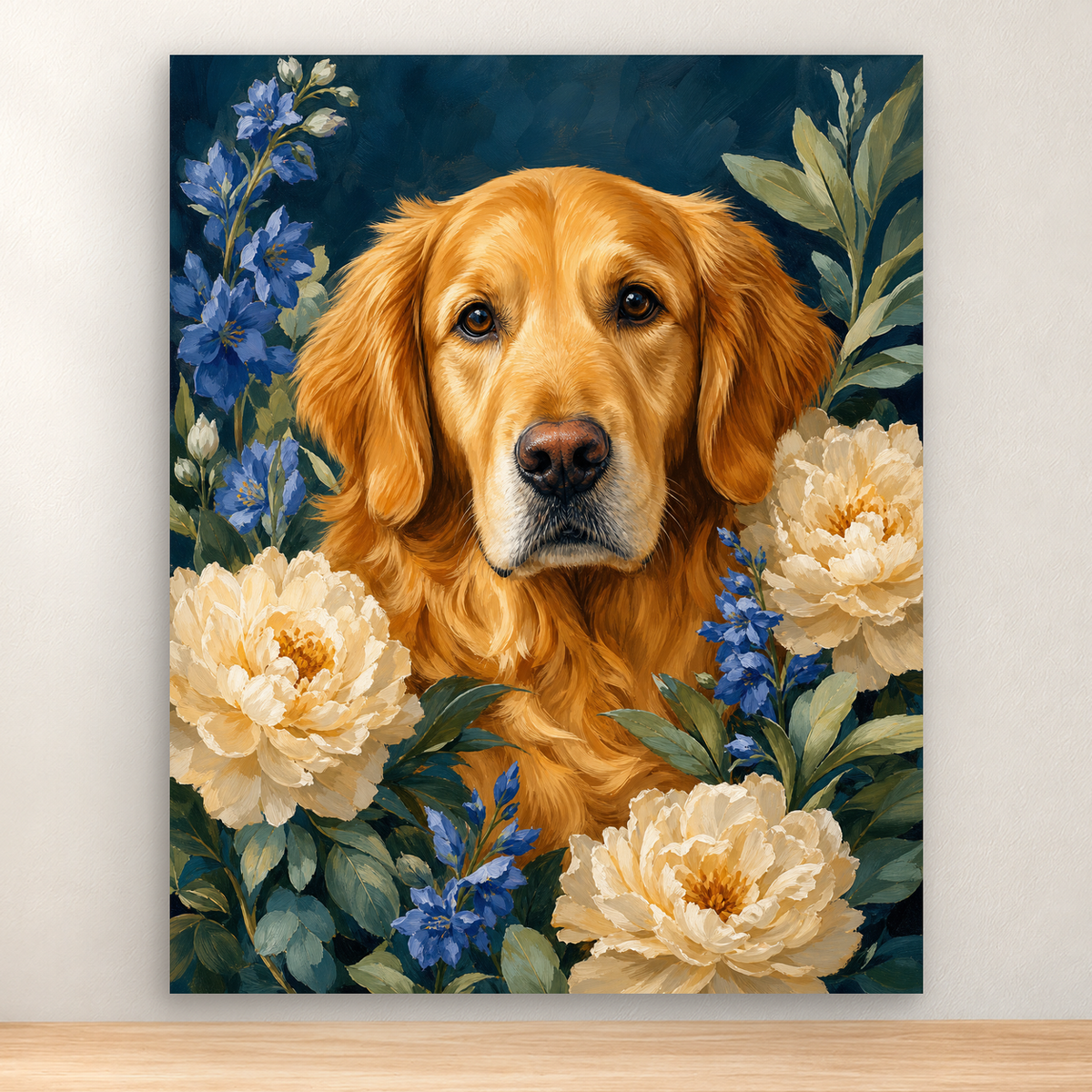 Golden retriever framed by cream peonies and green leaves, 40x50 cm