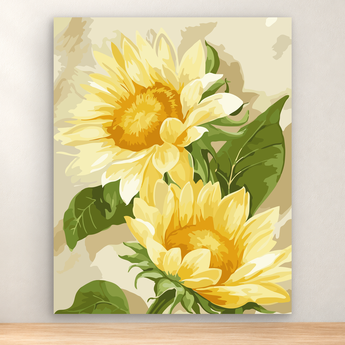 Two large golden yellow flowers with green leaves in a muted beige botanical composition, 40x50 cm.