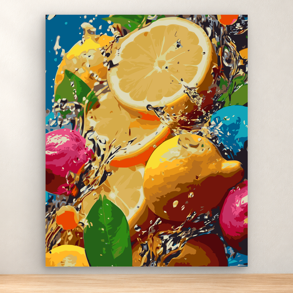 Large sliced lemon with citrus fruit, leaves, and colorful accents in a 40x50 cm artwork