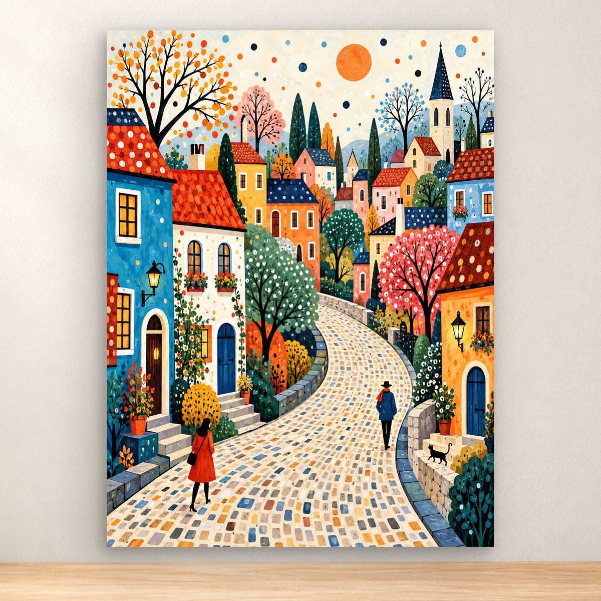 Colorful European village street with autumn trees, travelers, and church tower, 30x40 cm