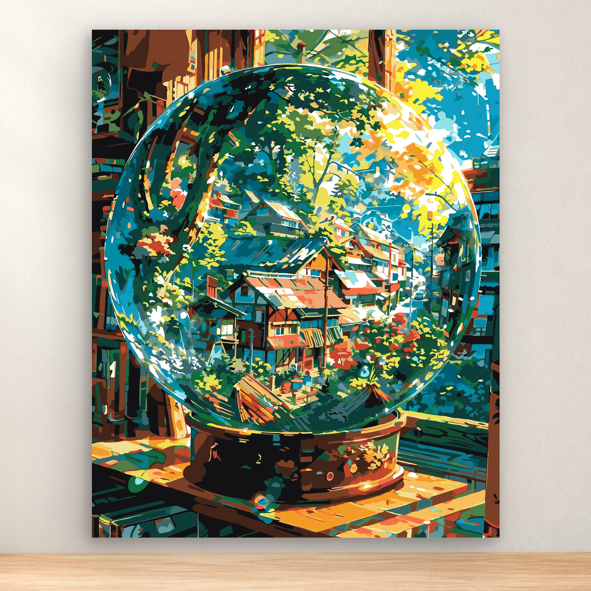 Enchanted glass terrarium with a miniature woodland village, cottages, and foliage, 40x50 cm