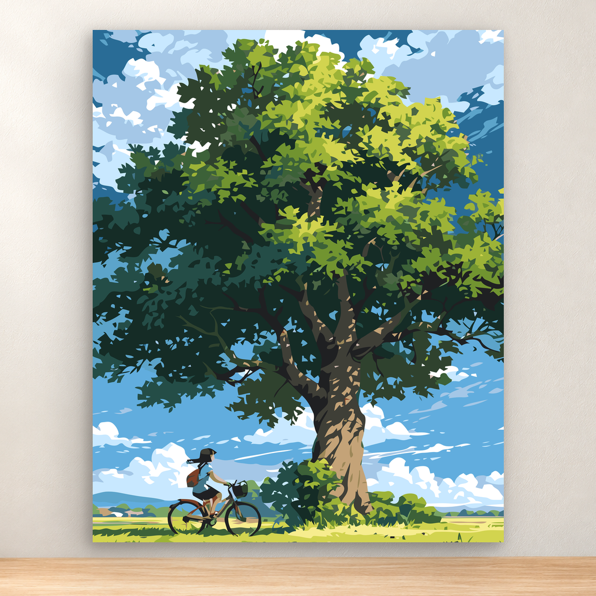 Cyclist beneath a large leafy tree in a sunny countryside landscape, 40x50 cm