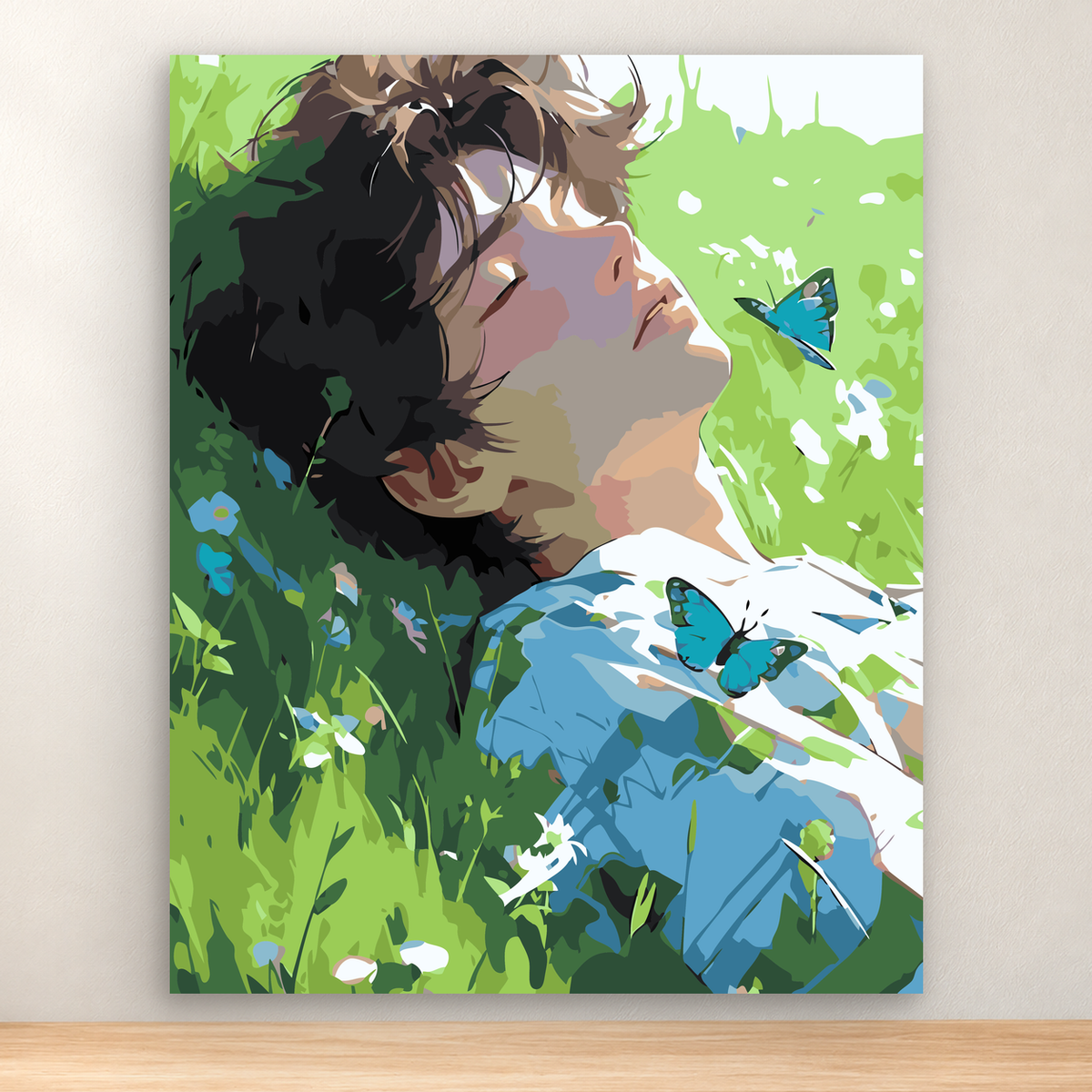 Profile portrait of a woman with blue butterflies in lush foliage, 40x50 cm
