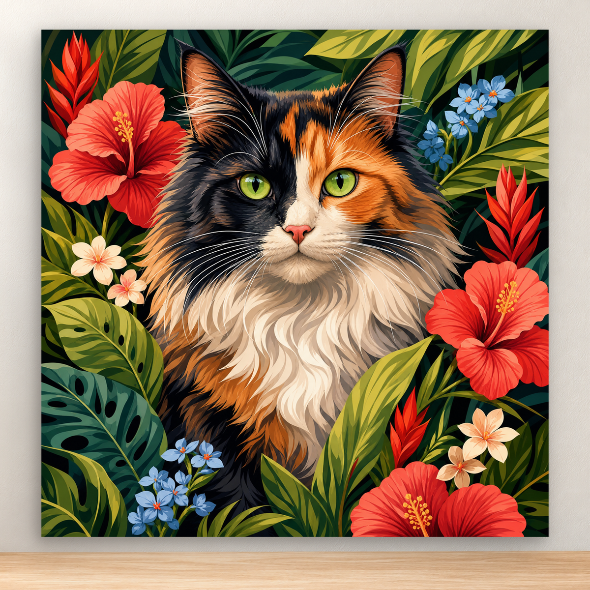 Front-facing long-haired calico cat among tropical flowers and foliage, 20x20 cm