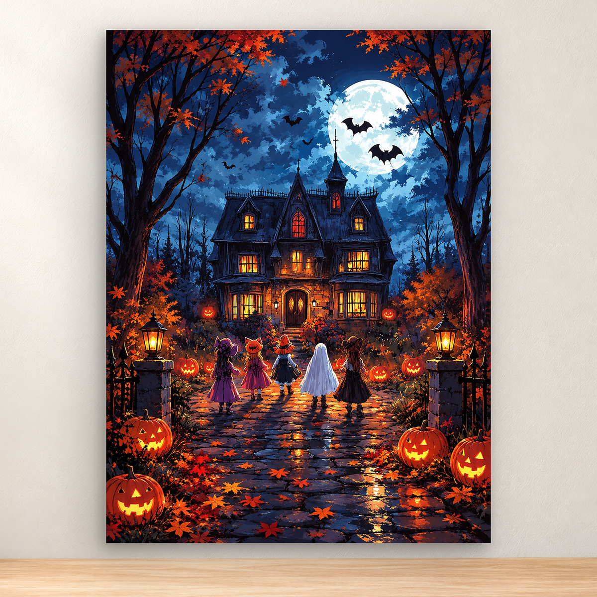 Haunted Victorian house with trick-or-treaters, pumpkins, bats, and a full moon, 30x40 cm