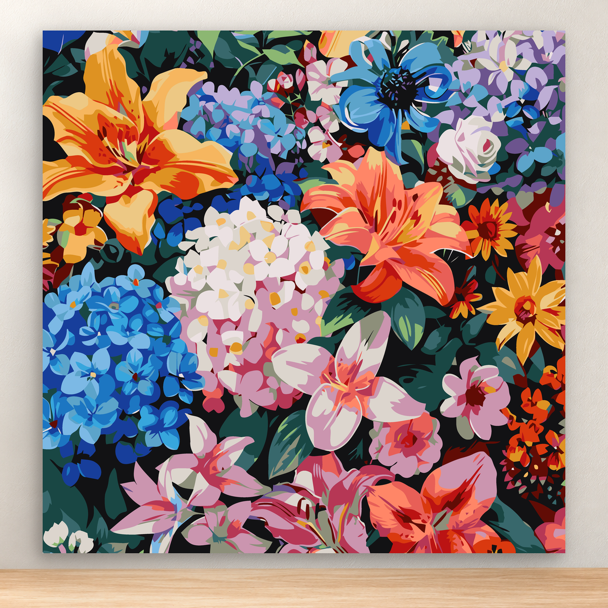 Colorful lilies, hydrangeas, roses, and daisies in a lush floral garden composition, 20x20 cm