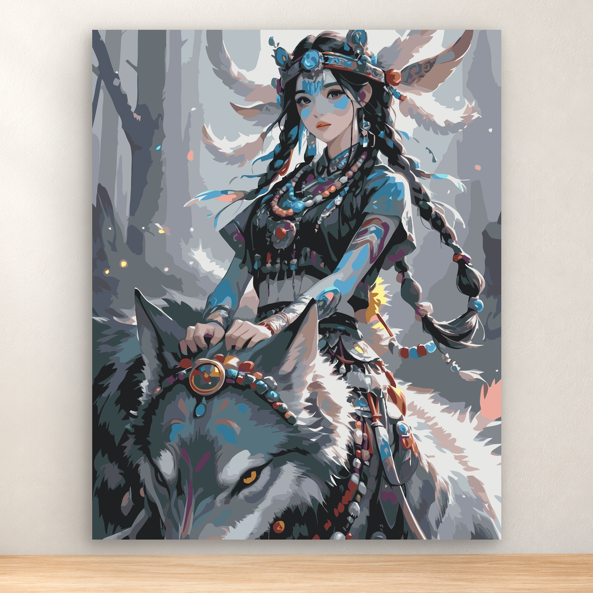 Ornate fantasy warrior woman with a wolf in an enchanted forest, 40x50 cm