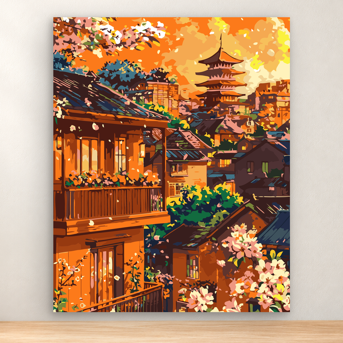 Traditional Japanese hillside village with pagoda and autumn foliage, 40x50 cm