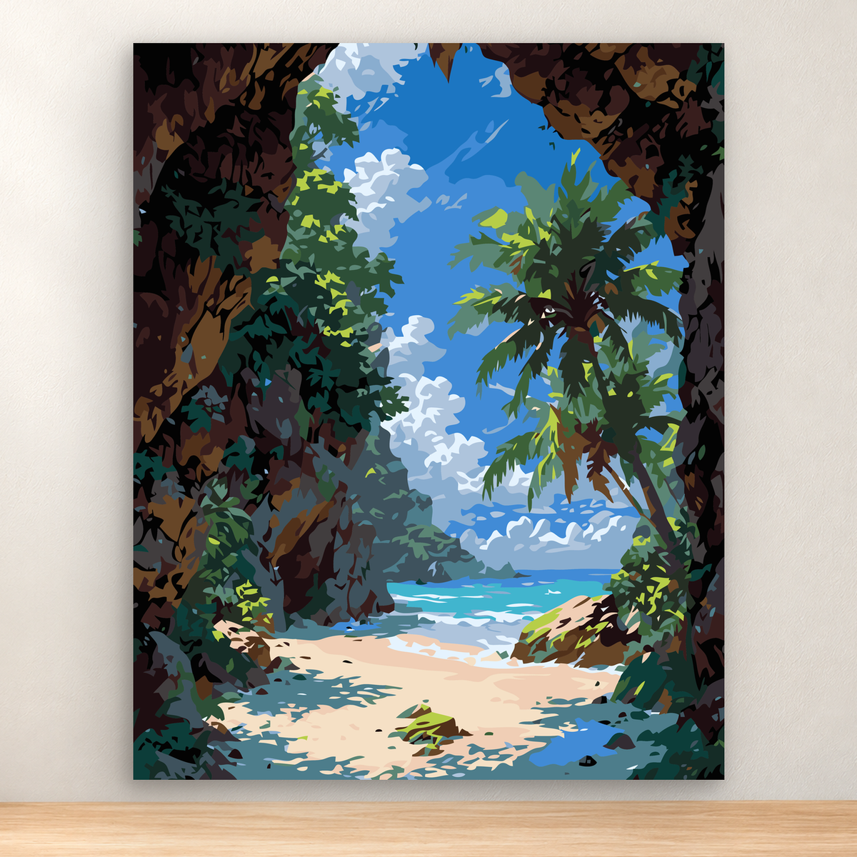 Forest-framed tropical lagoon with lush foliage, blue water, sky, and sandy shore, 40x50 cm