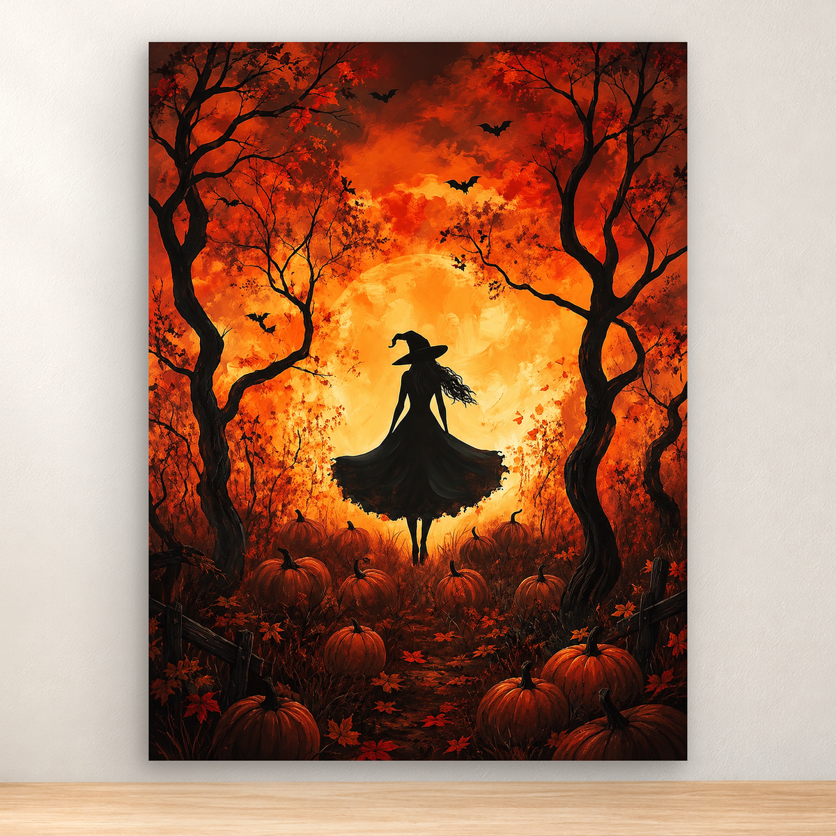 Silhouetted witch among pumpkins in a glowing Halloween forest, 30x40 cm