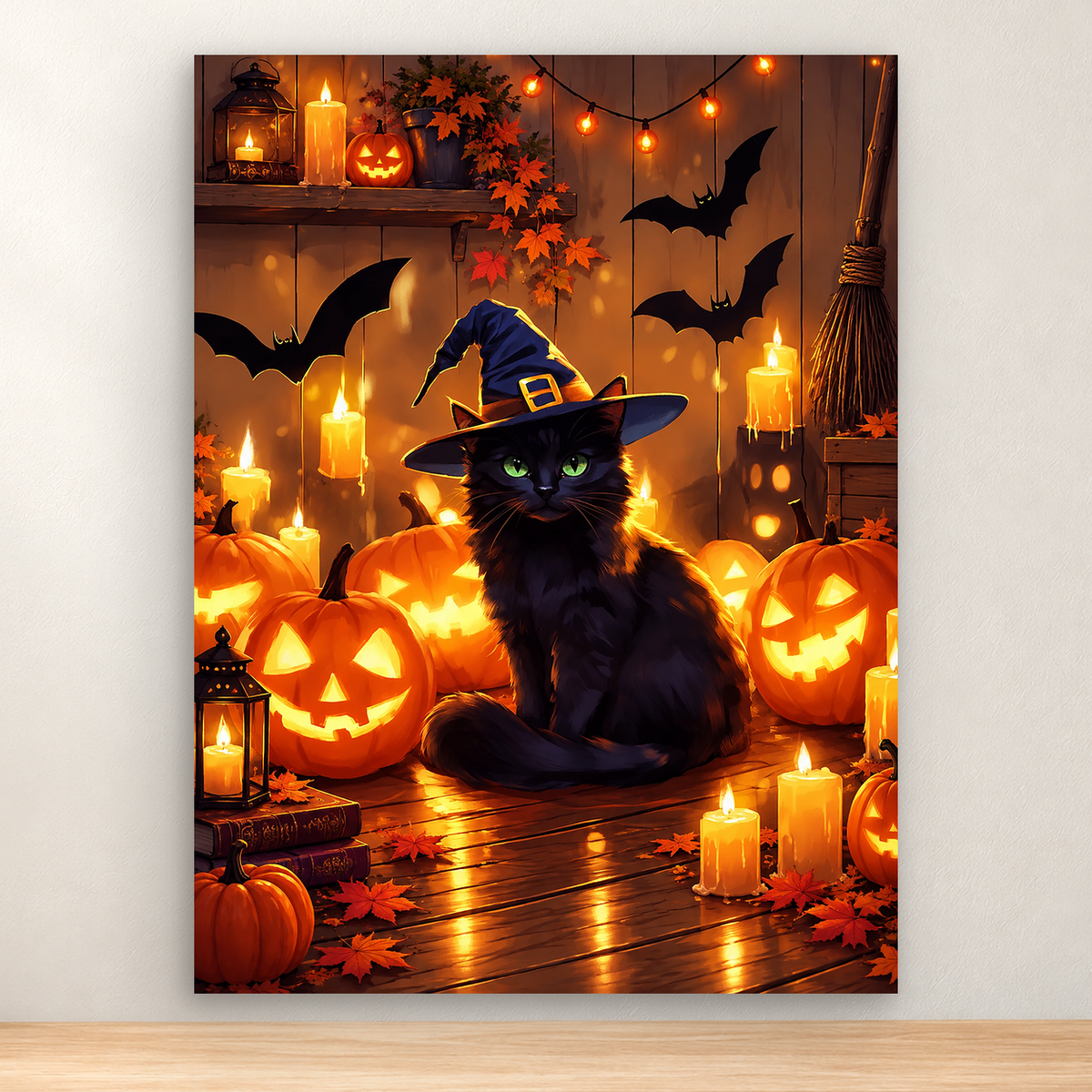 Black cat in a witch hat among glowing pumpkins and candles, 30x40 cm
