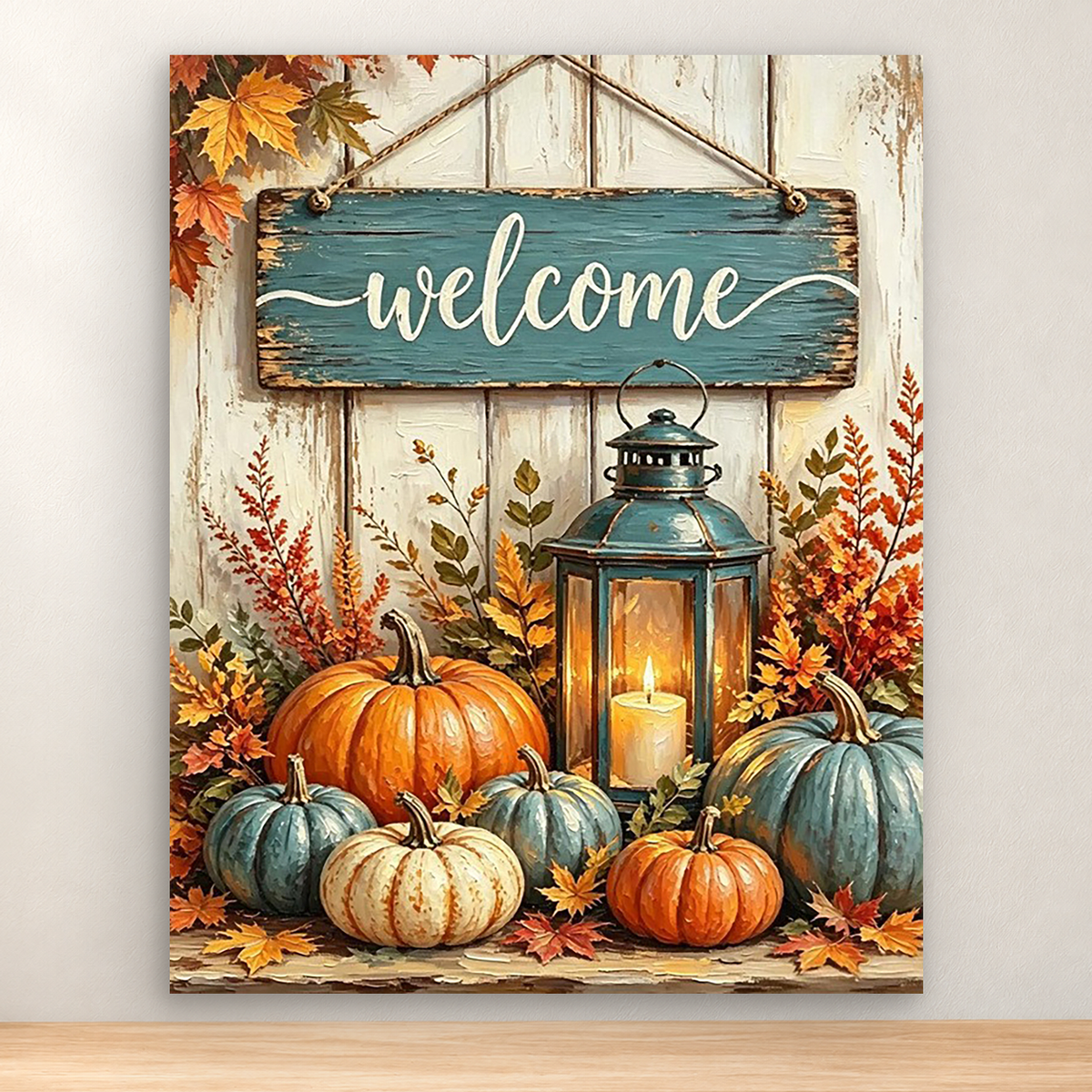 Rustic autumn display with pumpkins, lantern, teal welcome sign, and leaves, 40x50 cm