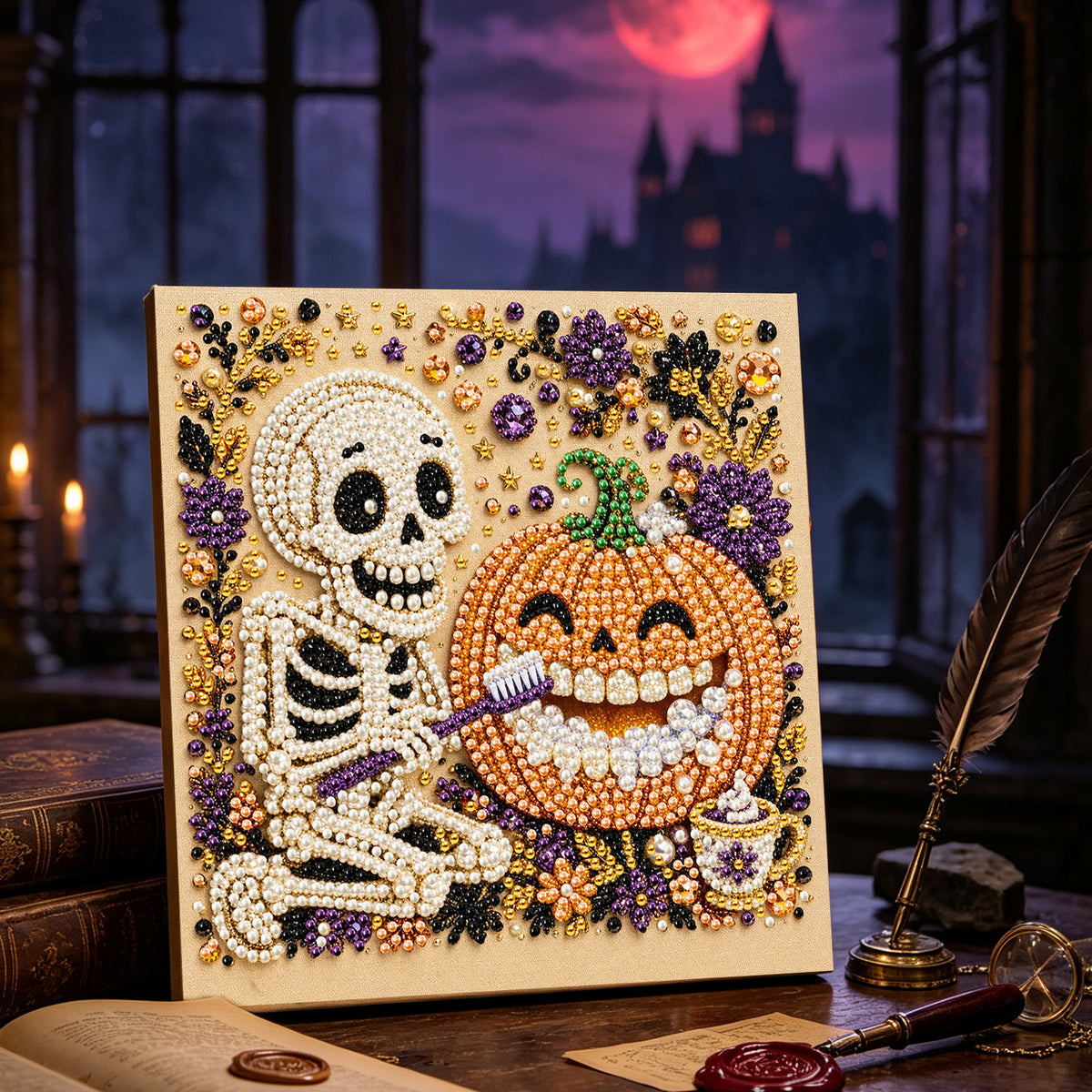 Skeleton Brushing Pumpkin’s Teeth