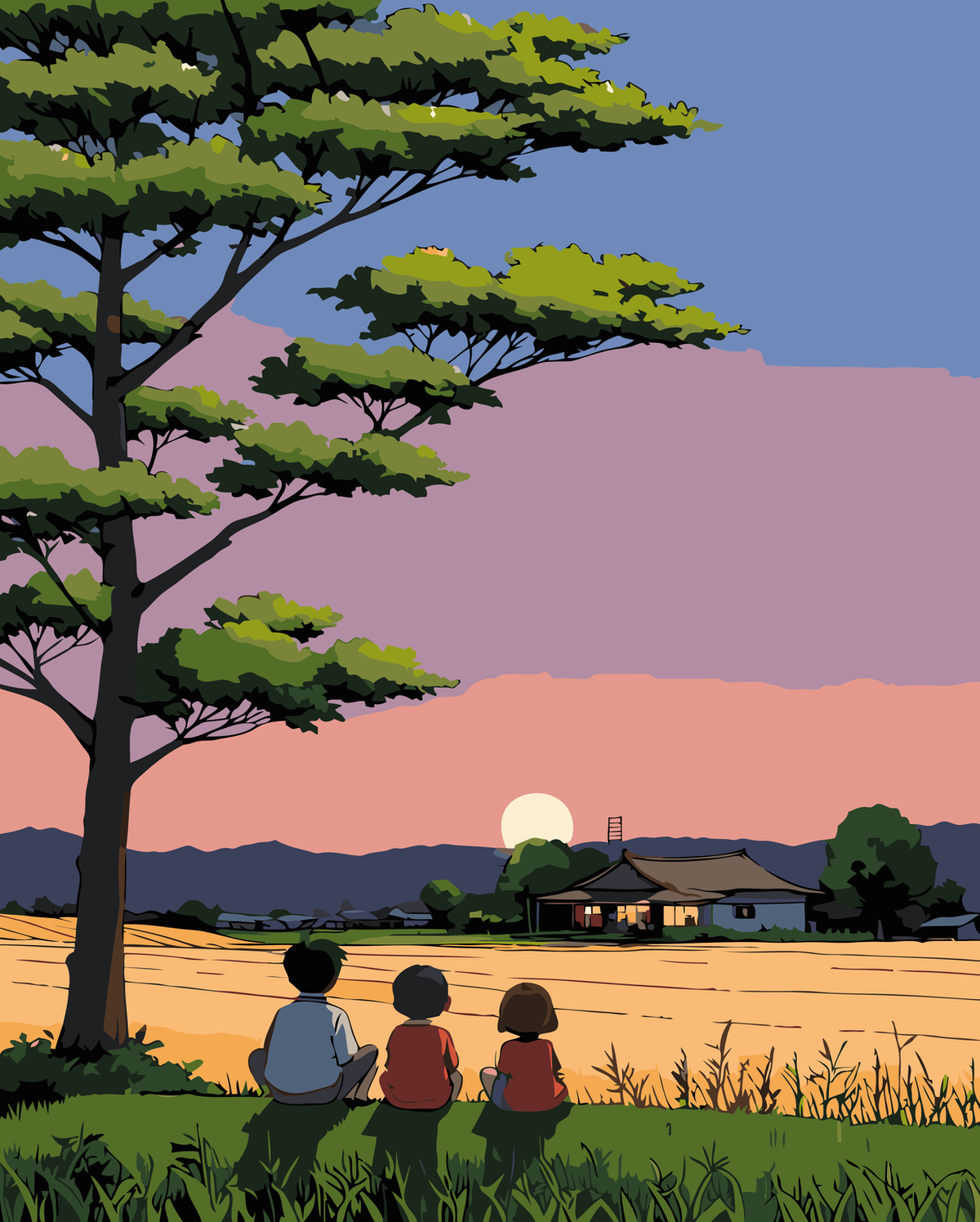 Children Watching the Sunset original diamond painting artwork