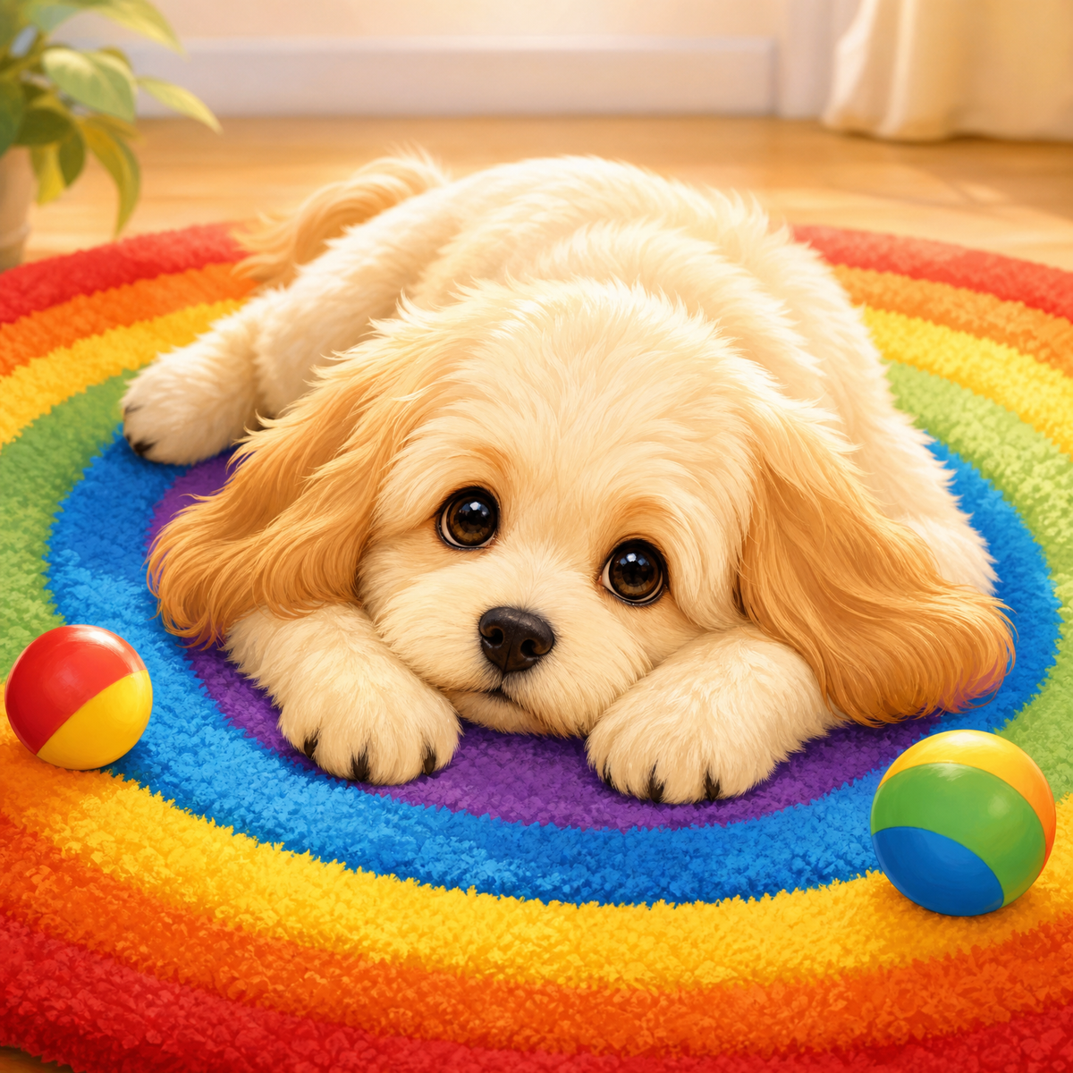 Cream Puppy on a Rainbow Mat original diamond painting artwork