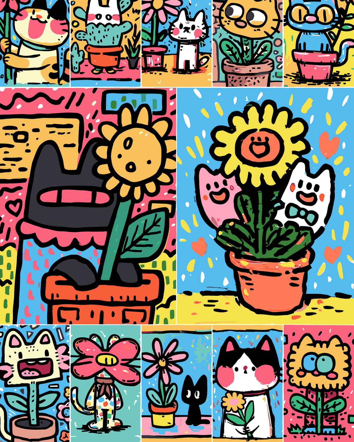 Whimsical Cats and Flowers Collage original diamond painting artwork
